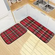 XYMZR Kitchen Mat Red Black Plaid Fabric for Floor, 2 Piece, Non Slip Washable Kitchen Rugs for Kitchen & Home Decor, Sink, Bathroom 19.7” x 27.6” + 19.7” + 47.2”