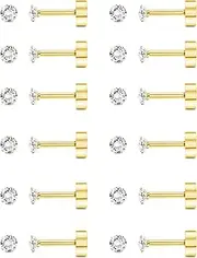 [Sanfenly] 12 Pairs 14K Flat Back Earrings 20G Cartilage Earring Stud Tiny 2MM 3MM 4MM Flat Back Stud Earrings