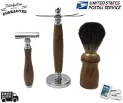 Full 3 Piece Men's Shaving & Grooming Set | DE Safety & Pure Brown Badger Brush