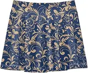 [FRODOTGV] Blue and Gold Leafs Girls Athletic Skirt with Built-in Shorts Scort Skirt for Little Girl Pleated Skirt for Kids