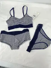 Splendid Blue Striped Womens Non Padded Bra and Two Briefs Lingerie Set 3 Pcs M