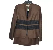 New Amanda Smith Size 6 Brown Lace Trim 3 Piece Blazer Jacket Blouse Skirt Set