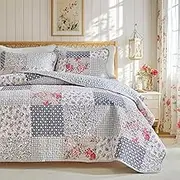 Joyreap Floral Cotton Quilt Set, Neutral Flowers Grid Patchwork Design, 2 Pieces Twin Size Quilt Bedding Set, Farmhouse Countryside Bedspread Bed Cover for All Season- 68x88 inches
