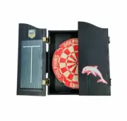 49706 DOLPHINS NRL TEAM LOGO DART BOARD IN TIMBER CABINET WITH SCORING BOARD