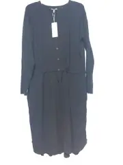 Eileen Fisher Black Drawstring Waist Viscose Jersey Button Dress L