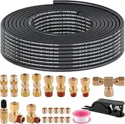22 PCS Brass DOT Air Line Fittings With 32.8 FT 1/4" PA Nylon Air Hose, 1/4" OD Brass Compression Straight Union and Push-To-Connect Fittings, NPT Thread Fittings for Industrial Air System