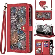 [Asuwish] Phone Case for Samsung Galaxy S20 Ultra 5G Wallet Cover with Screen Protector and Crossbody Wrist Strap Leather Flip Pattern Zipper Card Holder Cell S20ultra 20S S 20 A20 S2O 20ultra G5 Red