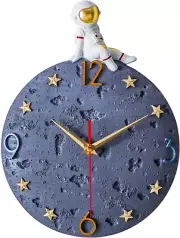 Space Theme Wall Clock, Astronaut Moon Wall Clock, 12 Inch Grey Modern Silent Cl