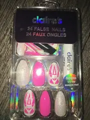 Claire’s Nails Faux False w/Glue Neon Pink White Valentine’s Day Manicure Set