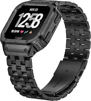 [SUPLINK] Metal Case with Band Compatible with Fitbit Versa 4/3/2,Fitbit Versa Lite,Fitbit Sense 2/Fitbit Sense,Stainless Steel Protective Cover with Strap for Men