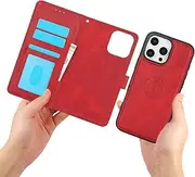 GoshukunTech for iPhone 16 Pro Max Case,for iPhone 16 Pro Max Phone Cover[2 in 1 Wallet Leather Case] Detachable Magnetic Flip Cover with Card Slots,Wrist Strap-Red