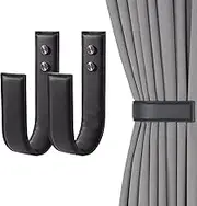 OCIOLI Modern Black Curtain Tiebacks 2 Pack - Wall Mount U-Shaped Holdbacks for Drapes, Premium PU Leather Drapery Pull Backs & Decorative Tieback Hooks with Durable Curtain Holder Design (2, Black)
