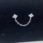 Sterling Silver Princess Square Double Stud CZ Earrings Chain Connector Minimal
