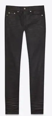 SAINT LAURENT MENS SKINNY-FIT JEANS IN COATED BLACK DENIM SZ 30