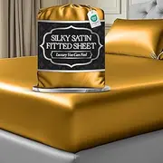 DECOLURE Satin Fitted Sheet Full Size (1 PC) – Luxuriously Smooth & Softer Than Silk Bed Sheets w/ 15 Inch Deep Pocket Hypoallergenic Wrinkle Free, Secure Snug Fit, Elastic Corner Straps (Gold)