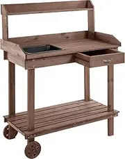 Outsunny 36" Wooden Potting Bench Work Table with 2 Removable Wheels, Garden Workstation with Removable Sink, Drawer & Large Storage Spaces, Brown