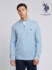 U.S. Polo Assn. Blue Mens Checkerboard Funnel Neck 1/4 Zip Knit Jumper (F61770) | $173
