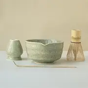 Matcha Set – Glossy Speckled Glaze Ceramic Matcha Whisk Set, Easy to Clean & Pour, Complete Matcha Bowl Kit of 4, 17oz, Polished Olive