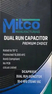 Mitco Dcapr505 Dual Run Capacitor 50+5 Mfd 370/440 Vac