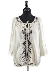 American Rag White Embroidered Peasant Top Rayon Boho 3/4 Sleeve MED