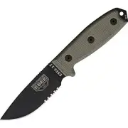 ESEE Model 3 Black Blade, Serrated, Glass Breaker Green Sheath MOLLE Back 3MIL-S