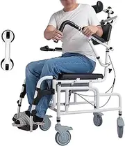 Reclining Shower Chair, with 4 Lockable Silent Wheels, Detachable Bucket, Padded Seat, Adjustable Tilt 45° Commode Wheelchair for Seniors