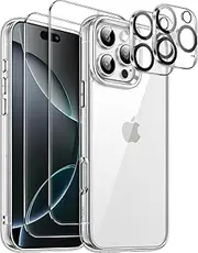 JETech 5 in 1 Case for iPhone 16 Pro Max 6.9-Inch with 2 Pack Each Tempered Glass Screen Protectors and Camera Lens Protectors, Non-Yellowing Shockproof Bumper Phone Cover (Clear)