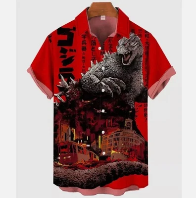 SALE! Japanese Classic Movie Godzilla Art 3D Print Button Up Hawaiian Lapel Shir