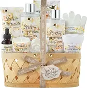 Christmas Bath & Body Spa Gift Basket for Women, Best Gift for Mother's Day & Birthday, White Rose Set Body Lotion, Shower Gel, Bubble Bath, Bath Salt, Towel, Soap, Oil, Candle, Gloves,
