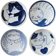 Japanese Small Plate Set, Ceramic, Cute Cats Design, Appetizer, Dessert, Sushi Sauce 3.94" x 0.8",Set of 4