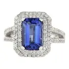 Lab Created Double Halo Design With Emerald Cut Royal Blue Gemstone Women's Ring