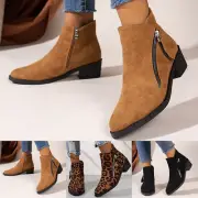 Ladies Fashion Retro Leopard Pattern Suede Pointed Zipper Thick Heel Ankle Boots