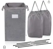 Large Laundry Hamper 23" Collapsible with 2 Removeable Laundry Bags & Strap Gray