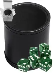 (6) Transparent Green Glitter Dice + PU Leather Black Felt Lined Cup Gift Boxed