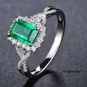 14K White Gold Finish 2.45CT Emerald Cut Real Emerald Twisted Halo Jewelry Ring