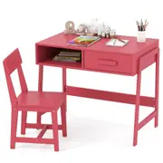 Costway Table & Chair Set Wooden Study Desk Set w/Storage Drawer Student Writing Desk Set Pink