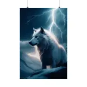Majestic White Wolf in Lightning Storm Roams the Mountains Matte Vertical Poster