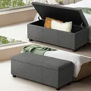 [OIKITURE] Storage Ottoman Linen Fabric Blanket Box Foot Stool Grey