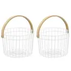 2x Boxsweden Round Wire 27x25cm Basket Home Storage Bin w/ Bamboo Handle White