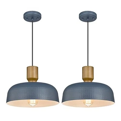 Pendant Light Fixtures Ceiling Hanging with Hammered Metal Medium, 2 Pack Blue