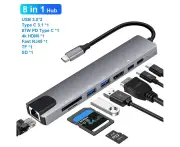 8 in 1 USB-C Type C to USB 3.0 Hub HDMI 4K RJ45 Ethernet Micro SD TF PD LAN OTG Adapter Multi for MacBook iPad Pro DF