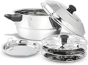 KSJONE Stainless Steel 5 pcs Multi Kadai (Induction Friendly) with Stainless Steel lid, 3 idli Plates (15 Idlis), 1 patra Plate, Silver