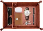 Diakey Leather Valet Tray for Men, 2 Slots Nightstand Organizer Entryway Table Catchall Tray Vanity Tray Bedside Caddy for Key, Wallet, Watch, Phone, Coin, Jewelry, Brown