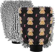 Teddy Bear Red Headphones Black Wash Mitts Car Washing Scratch Free Mitts Car Cleaning Tools Scrub Pad Absorbent Chenille Microfiber, Large x 2 Pack