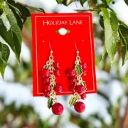 Drop Earrings Gold Tone Red Bead Green Enamel Mistletoe Holiday Lane Gift New