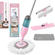 True & Tidy® Clean Everywhere Spray Mop Kit Premium Floor Spray Mop - Includes Flat Mop Head, Round Mop Head, Squeegee Mop Head (Pink)