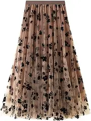 [Chartou] Women's Elastic High Waist Tulle Ruffle Pleated A-Line Swing Midi Skirt