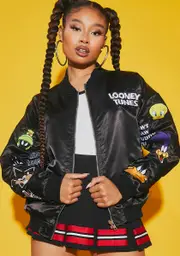 [Dolls Kill x Looney Tunes] Tooning In Patched Bomber Jacket
