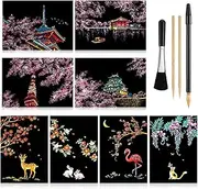 Scratch Paper Art Set, 8 Sheets Rainbow Painting Scratch Off Art Cherry Blossom & Animal Mini Postcard, Art Craft Supplies for Adults Girls & Boys Thanksgiving Christmas Birthday Party Game Gift