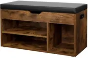 VASAGLE Padded Shoe Bench with 3 Open Compartments & Under Seat Storage - Rustic Brown